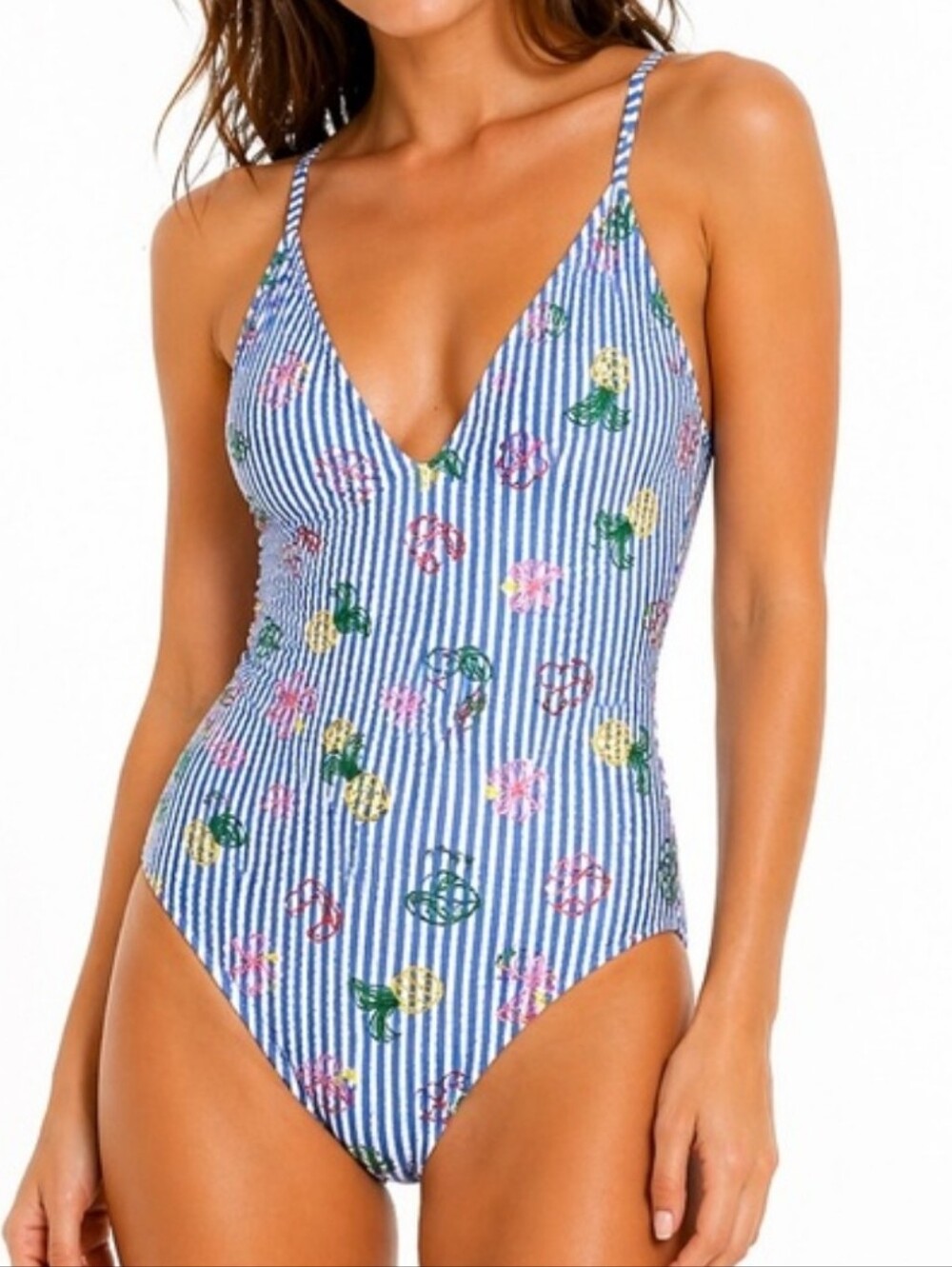 J. Crew Seeksucket Striped Fruit Embroidered Novelty Swimsuit One Piece Sz 4